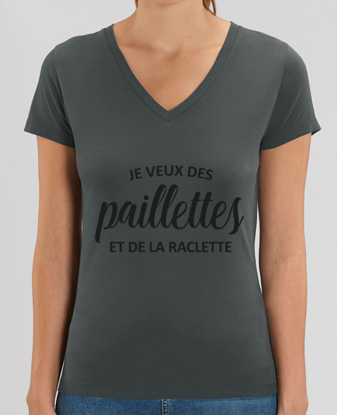 Camiseta Mujer Cuello V Stella EVOKER Je veux des paillettes et de la raclette Par  FRENCHUP-MAYO