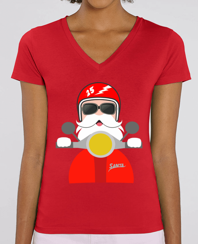 Tee Shirt Femme Col V Stella EVOKER Navidad en moto Santa Claus Par  Giuraf