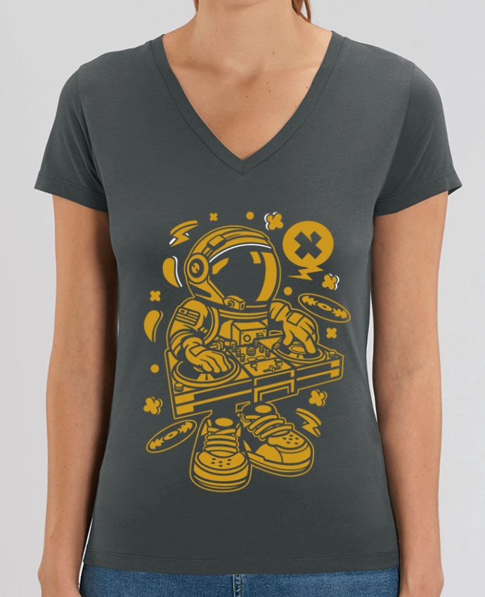 Women V-Neck T-shirt Stella Evoker Dj Astronaute Golden Cartoon | By Kap Atelier Cartoon Par  Kap Atelier