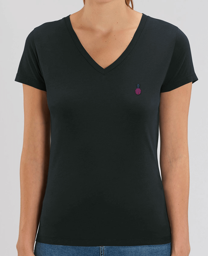 Camiseta Mujer Cuello V Stella EVOKER brodé Ananas violet Par  tunetoo