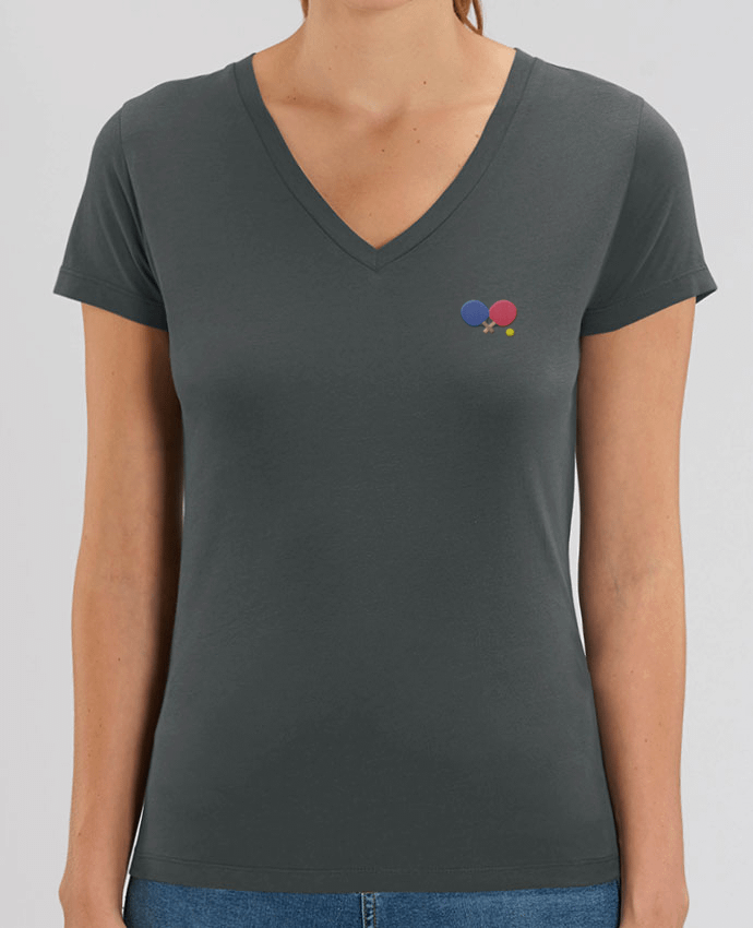 Women V-Neck T-shirt Stella Evoker brodé Ping Pong Par  tunetoo