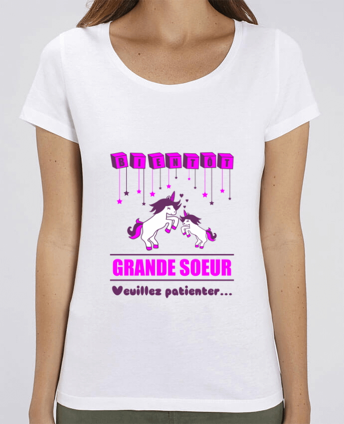 Essential women\'s t-shirt Stella Jazzer Bientôt Grande Soeur, licorne by Benichan