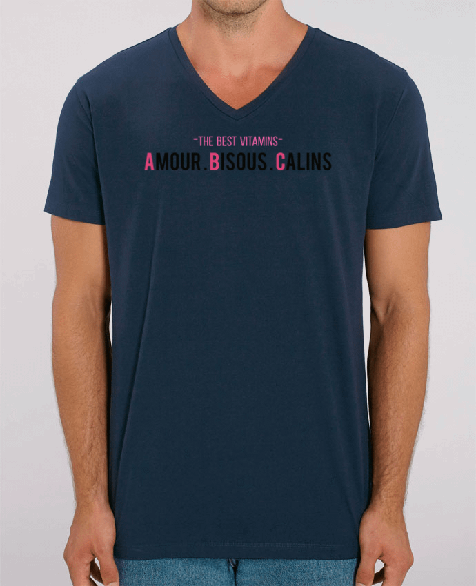 Tee Shirt Homme Col V Stanley PRESENTER -THE BEST VITAMINS - Amour Bisous Calins, version rose by tunetoo