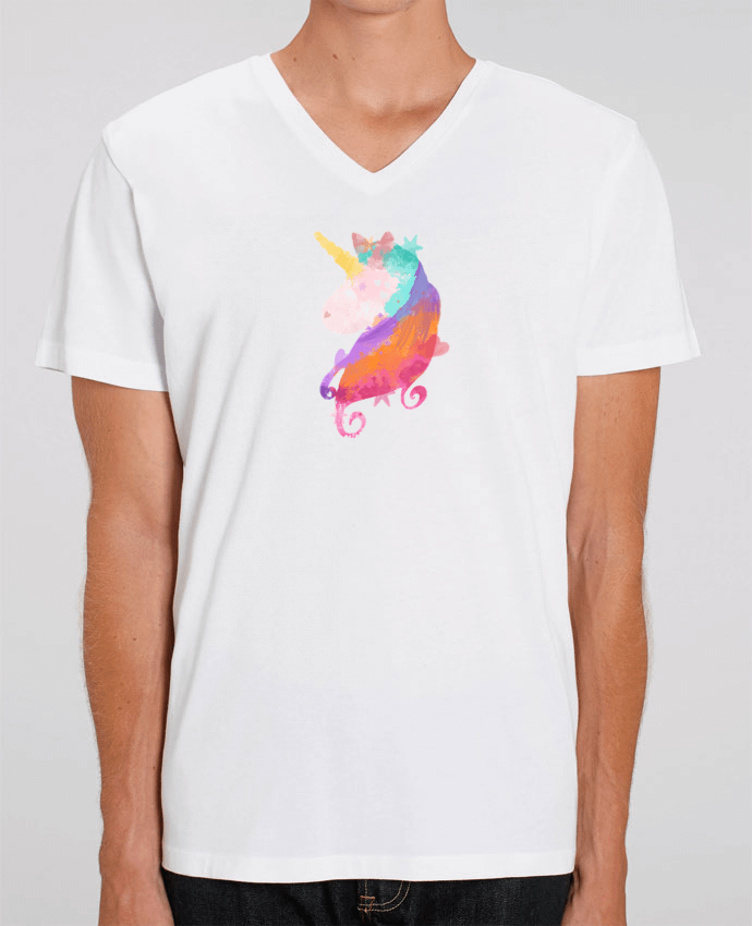 Tee Shirt Homme Col V Stanley PRESENTER Watercolor Unicorn by PinkGlitter