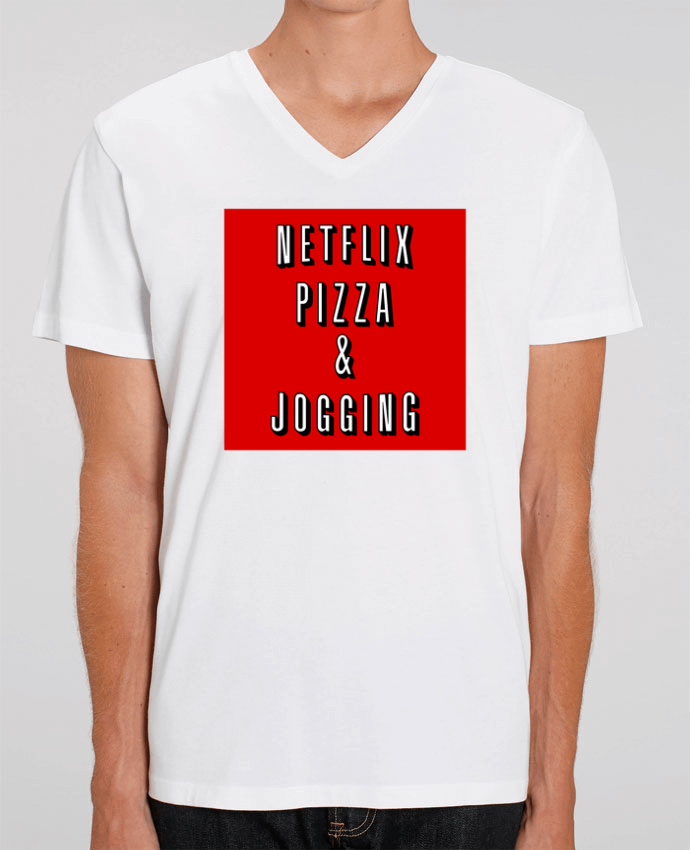 Men V-Neck T-shirt Stanley Presenter Netflix Pizza & Jogging by WBang