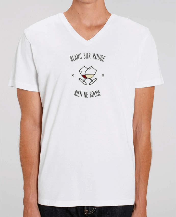 Camiseta Hombre Cuello V Stanley PRESENTER Blanc sur Rouge - Rien ne Bouge por AkenGraphics