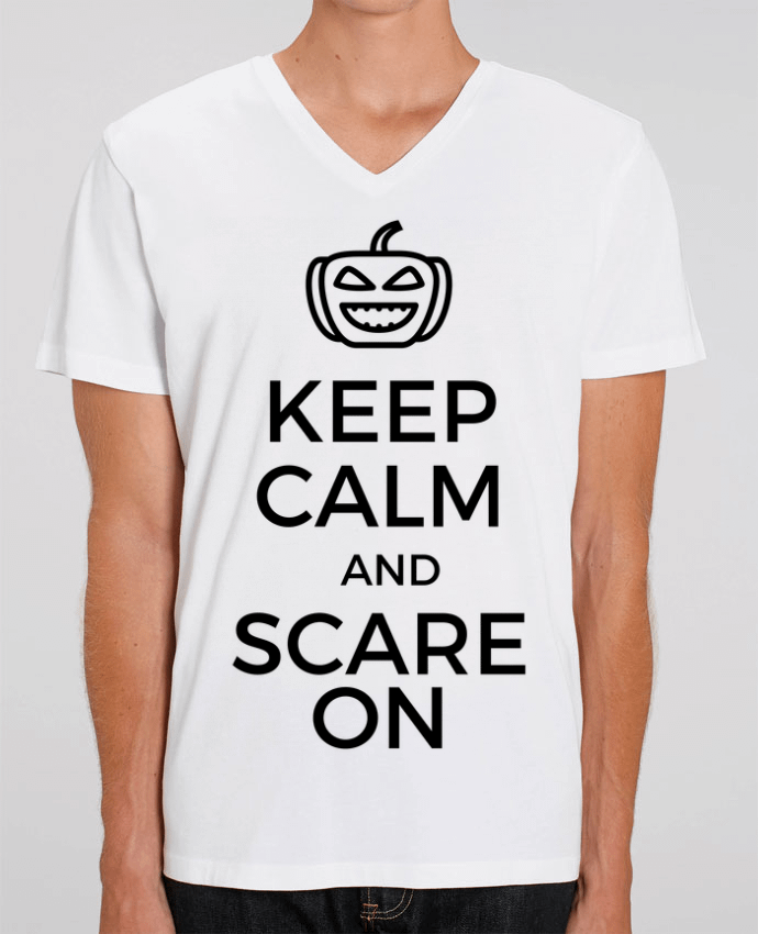Men V-Neck T-shirt Stanley Presenter Keep Calm and Scare on Pumpkin by tunetoo