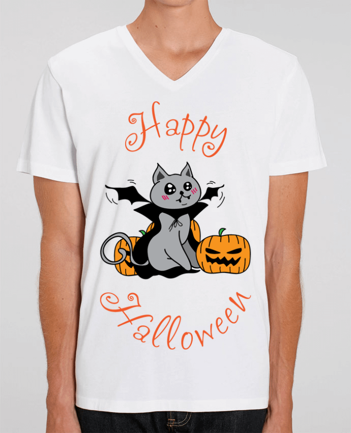 Tee Shirt Homme Col V Stanley PRESENTER Cut Cat Halloween - Chat vampire by 