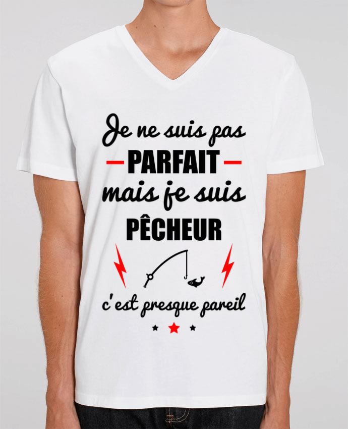 Tee Shirt Homme Col V Stanley PRESENTER Je ne suis pas byfait mais je suis pêcheur c'est presque byeil by Benichan