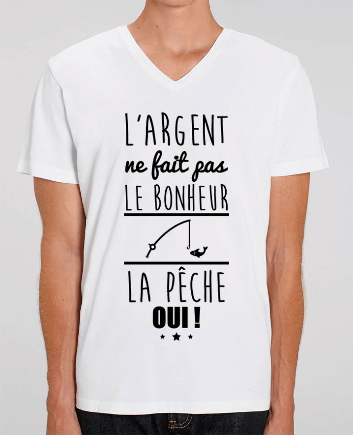 Men V-Neck T-shirt Stanley Presenter L'argent ne fait pas le bonheur la pêche oui ! by Benichan