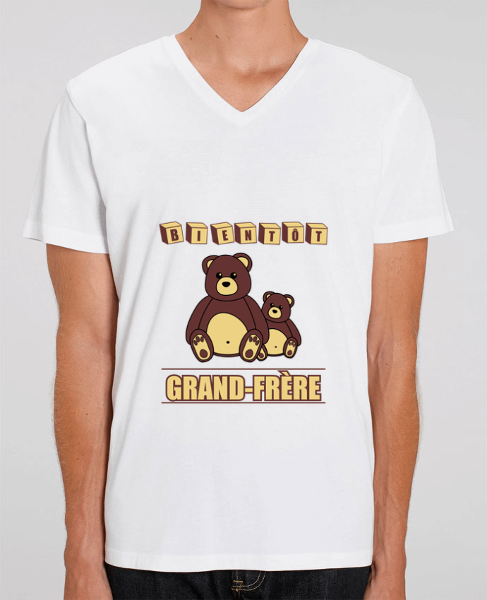 Men V-Neck T-shirt Stanley Presenter Bientôt Grand-Frère avec ours en peluche mignon by Benichan