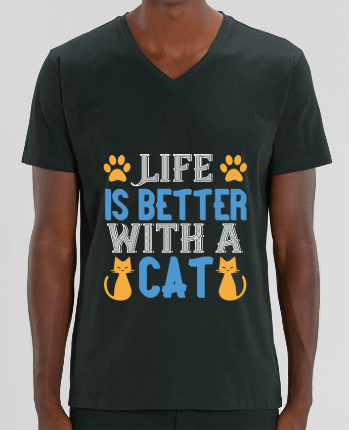Men V-Neck T-shirt Stanley Presenter La vie est meilleure avec un chat by Boxsoo