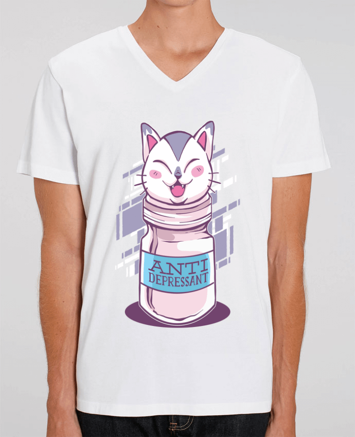 Tee Shirt Homme Col V Stanley PRESENTER Anti Depressive Cat by cottonwander